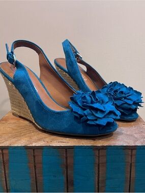 Franco Sarto Vibrant Blue Suede Peep Toe Slingback Wedges with Floral Applique
